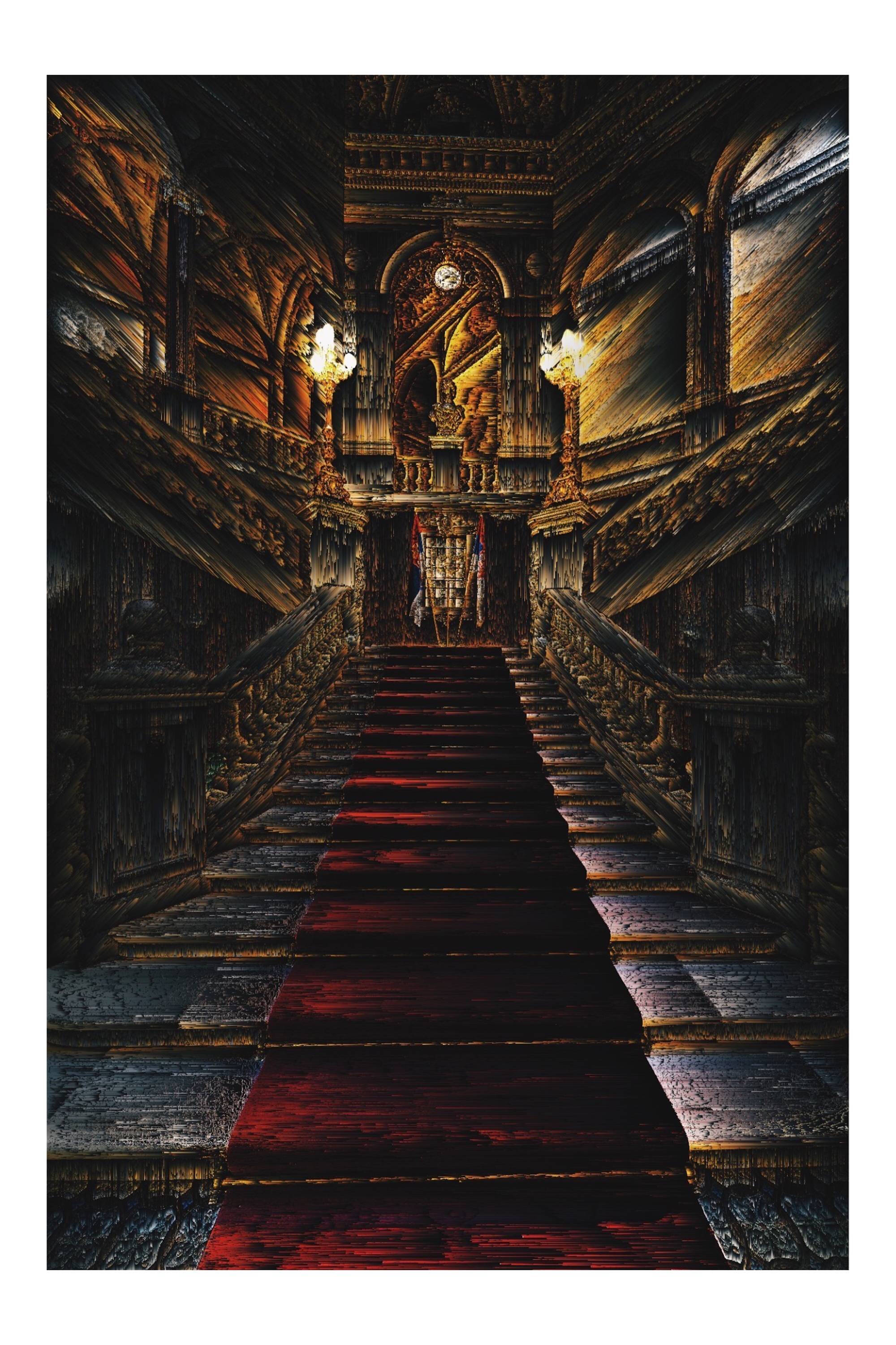Digital image of the interior of a building with red carpeted stairs.